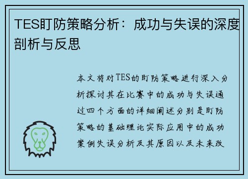 TES盯防策略分析：成功与失误的深度剖析与反思